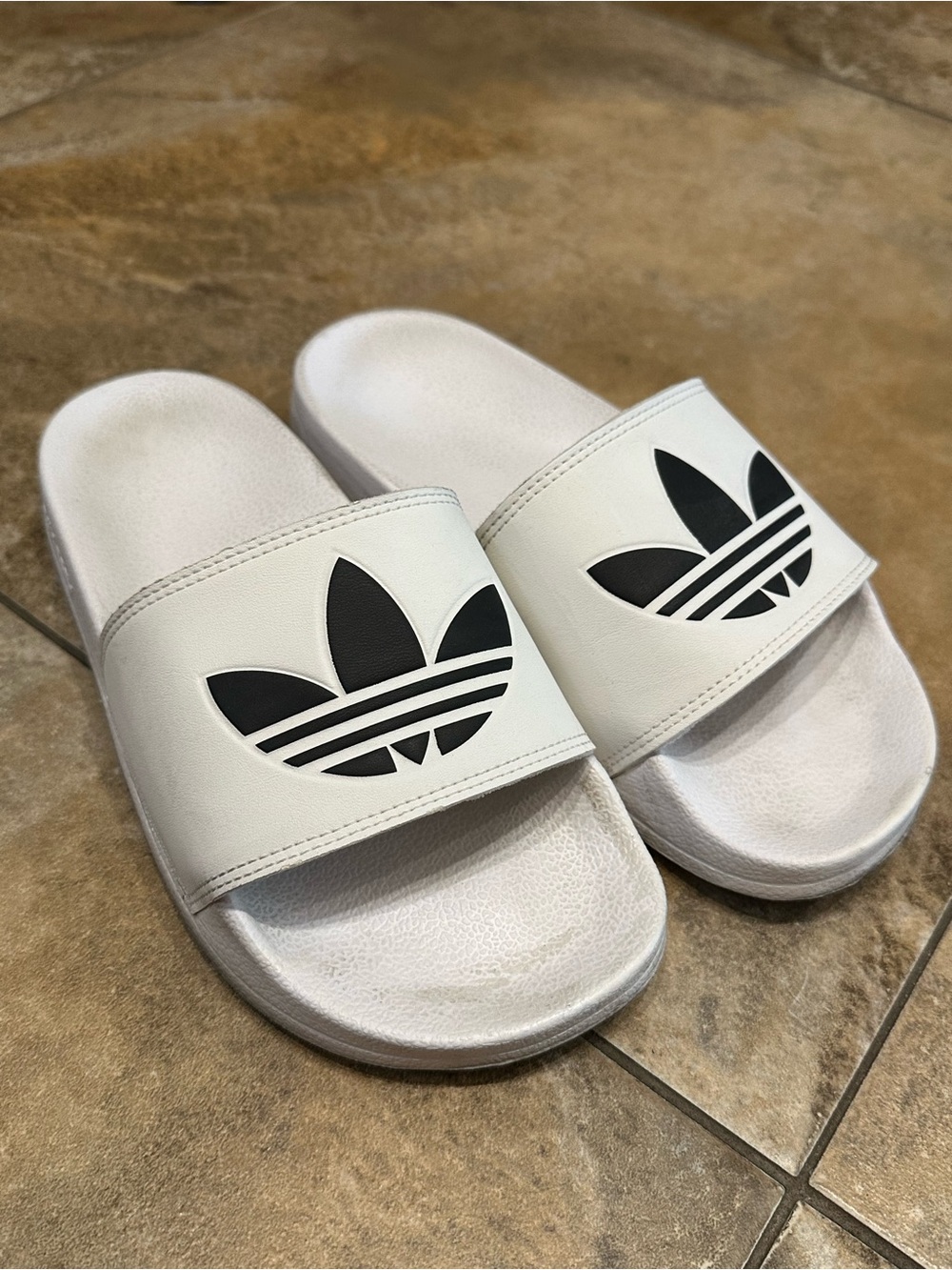 adidas White Slide Sandals with Black Trefoil Accent
